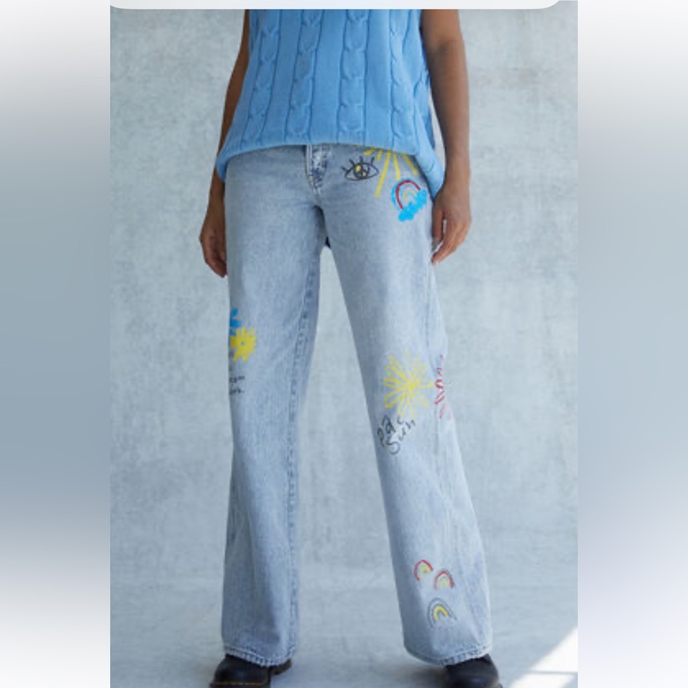 Pacsun Doodle Light Blue High Waisted Baggy Jeans Size:25
